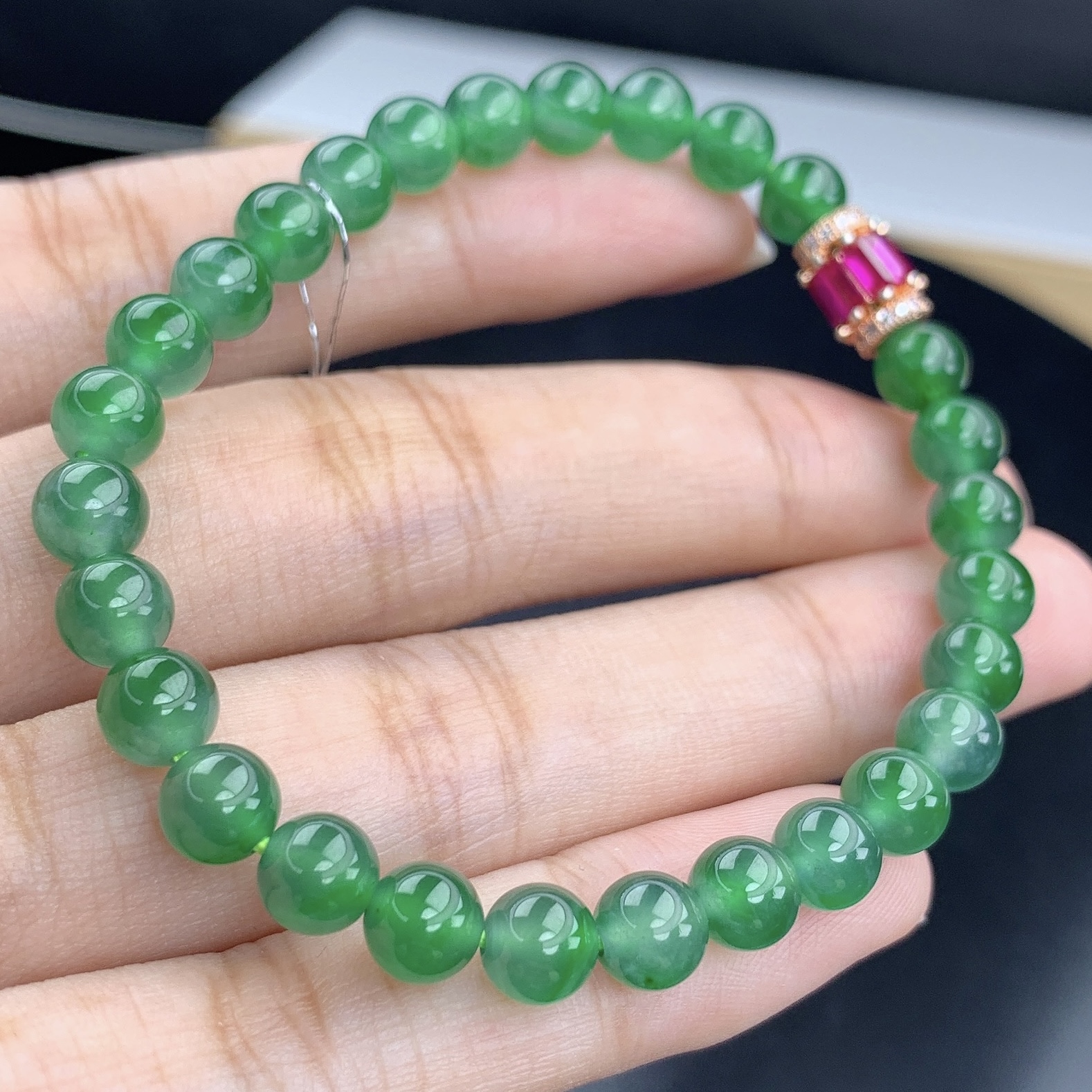 天然A货翡翠冰阳绿圆珠手链手串单圈T卡6mm