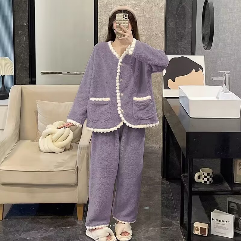 睡衣女款秋冬季加绒加厚香芋紫珊瑚绒毛绒绒撞色小香风家居服套装
