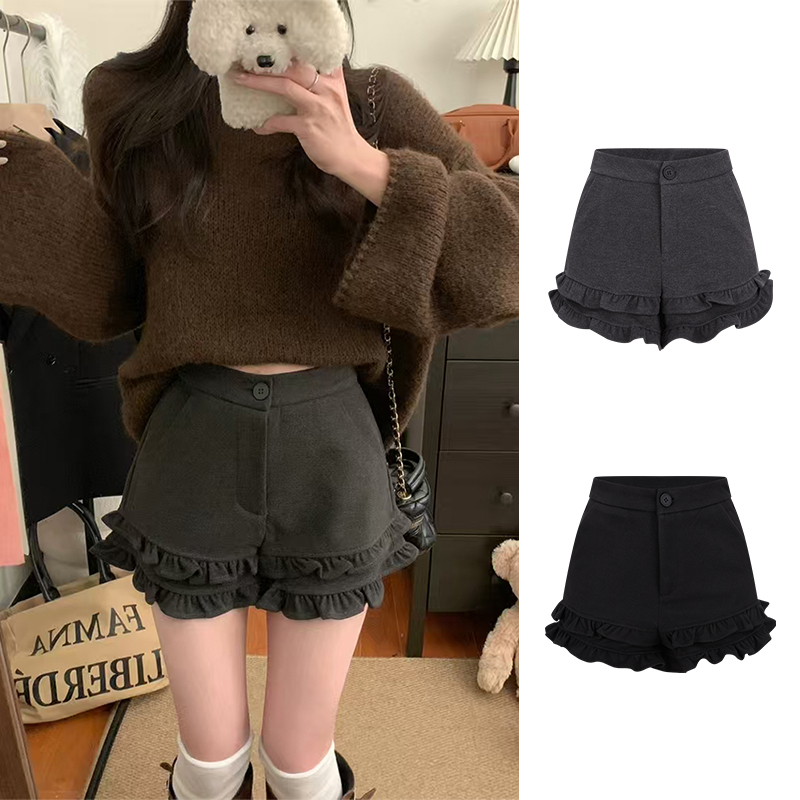 MosesQueen/魔西女王毛呢甜美气质荷叶边学院风减龄高腰云朵短裤