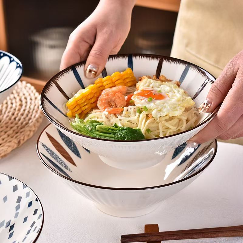 【4只装】蓝和8英寸斗笠碗家用陶瓷餐具