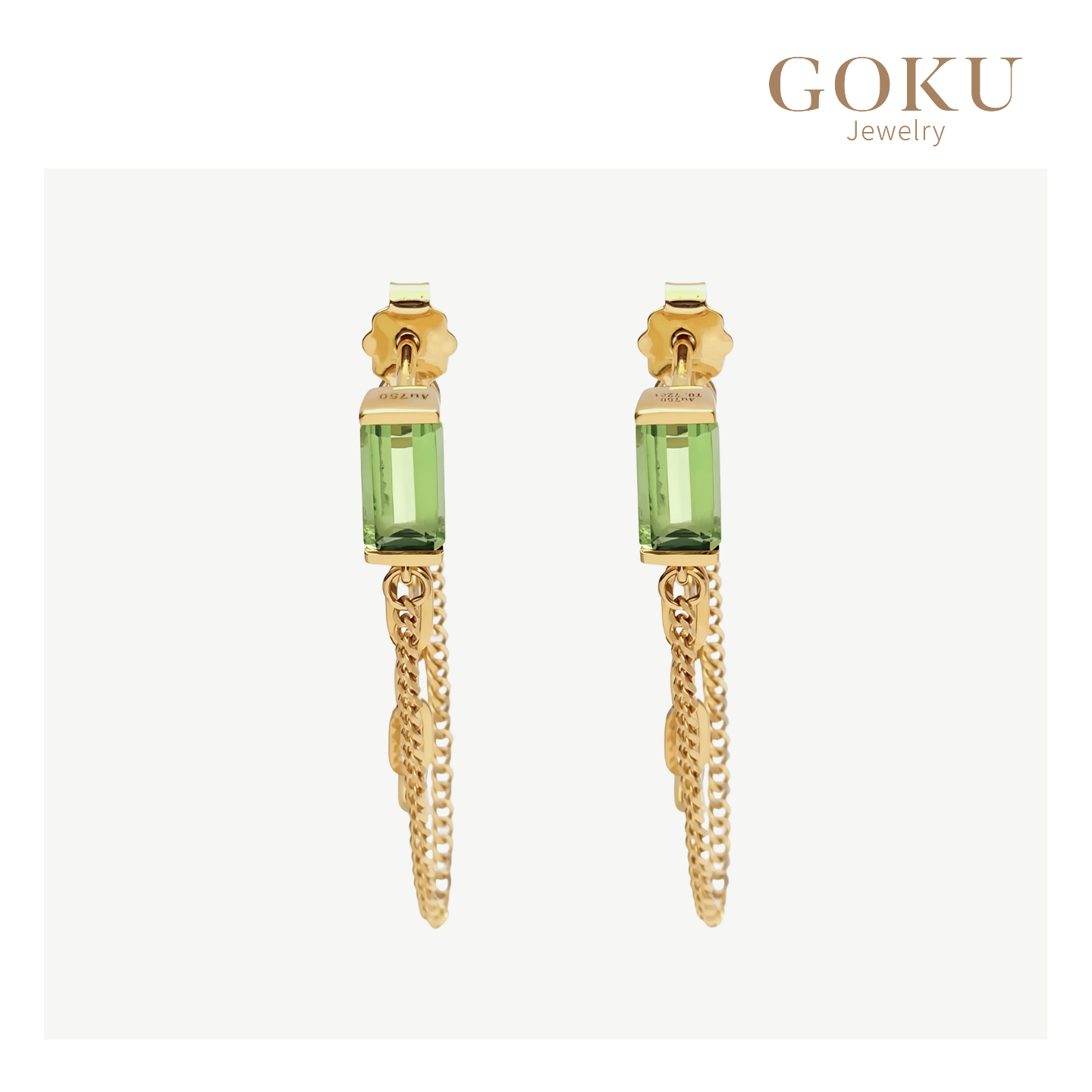 GOKU18K金耳环女方形薄荷绿碧玺双链耳坠彩色宝石时尚小众K金耳饰