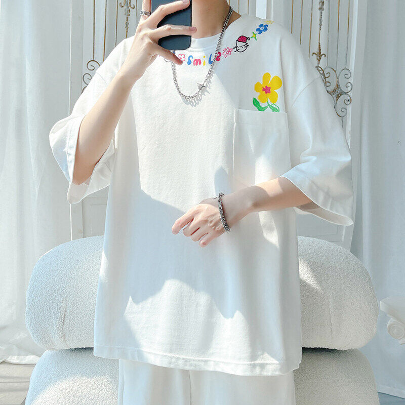 趣味花朵印花大码短袖t恤男夏季美式青少年休闲宽松半截袖上衣潮