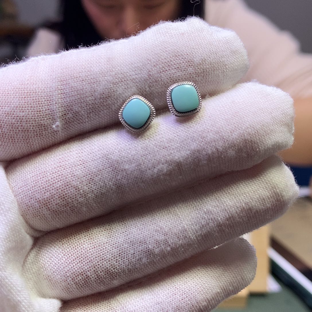 绿松石耳钉银S925镶嵌
