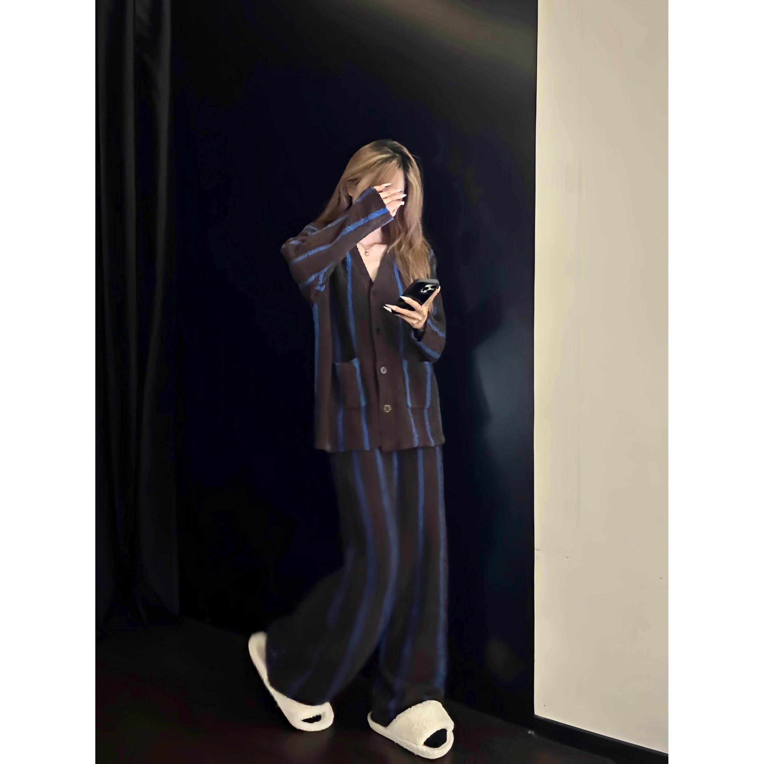 琥珀流光风撞色半边绒长袖睡衣女秋冬新款加厚开衫外套家居服套装