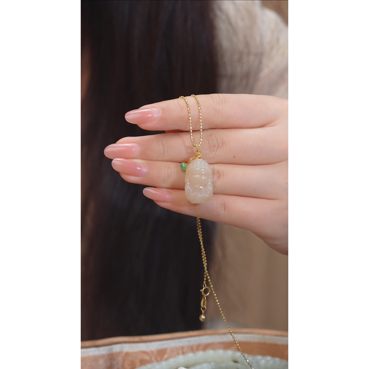 和田玉吊坠不含链18K金镶嵌藕粉@@N7068