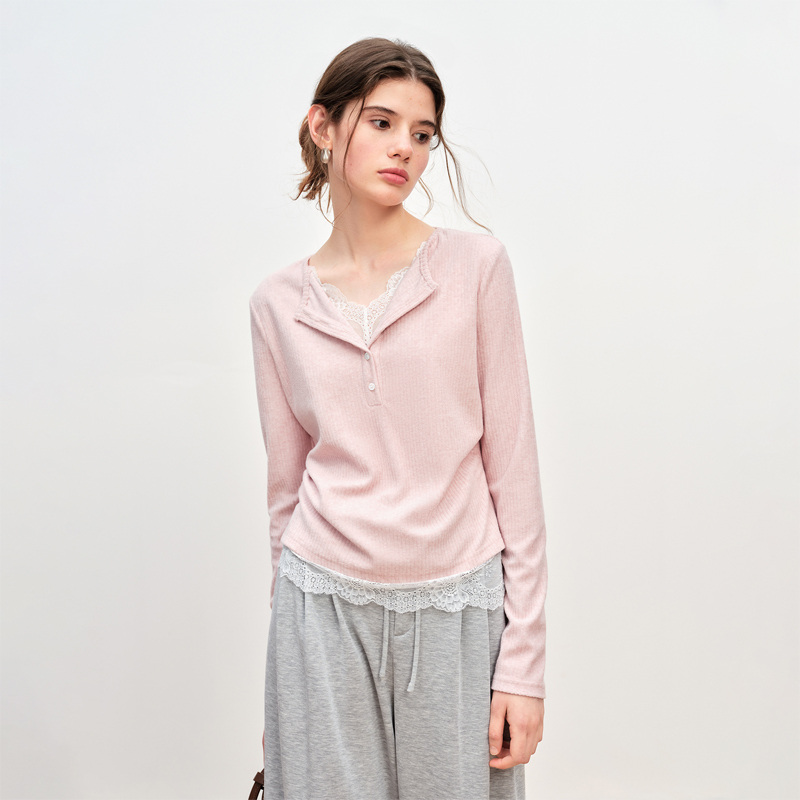 范思蓝恩假两件蕾丝花边针织T恤衫打底2025秋冬新款25FS14469-