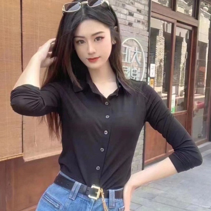 魅言新款春修身气质时尚通勤百搭POLO领网纱长袖打底衫女装