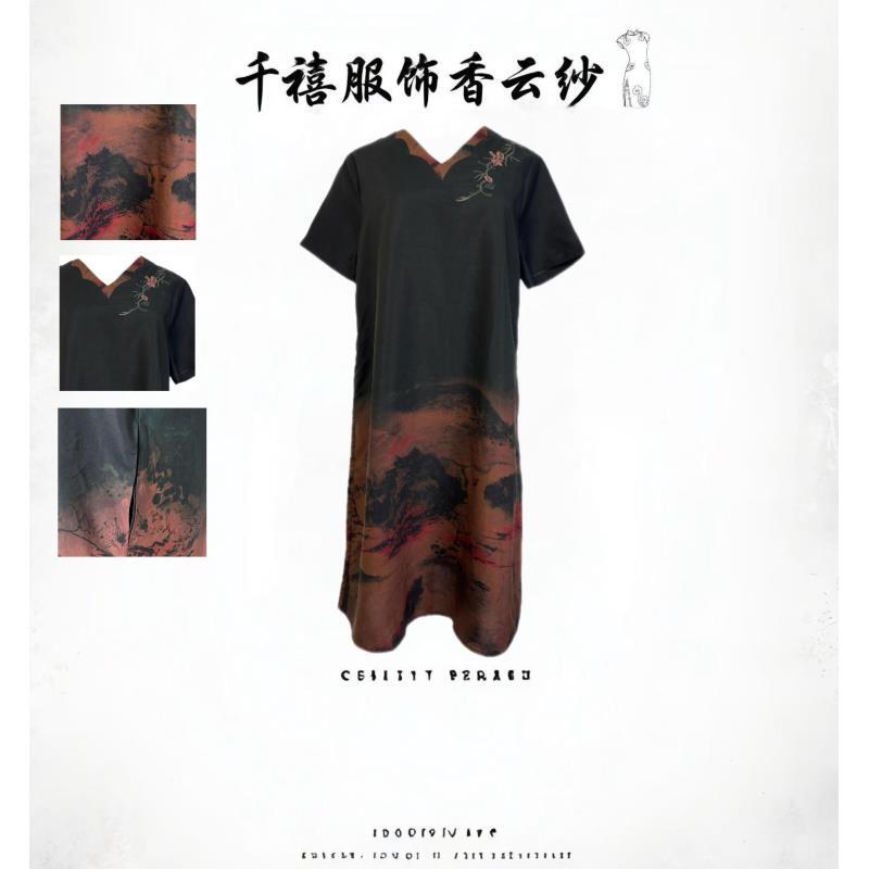 【千禧专属】2599香云纱桑蚕丝夏季半袖复古绣花拼接烤油皮连衣裙