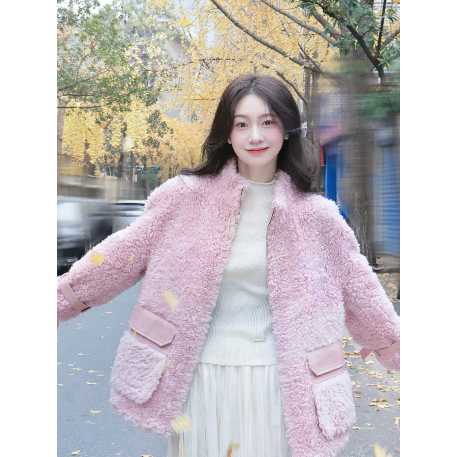 Goodland美地女装冬季新款绵羊毛羊剪绒保暖大衣外套LC64510020