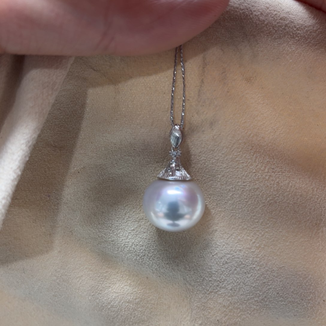 银S925镶嵌海水珍珠上新澳白盖帽吊坠13-14mm