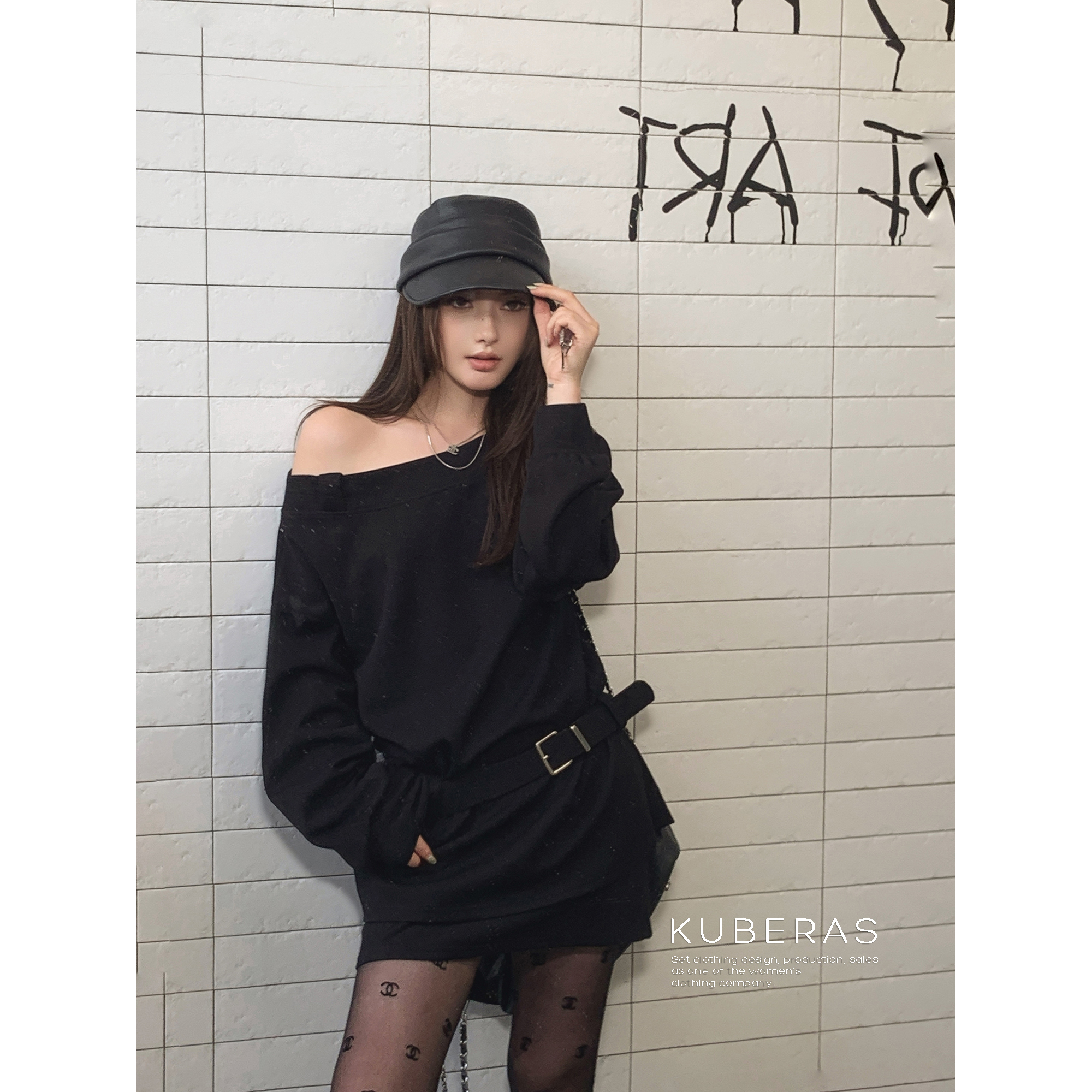 KUBERAS 简约小众一字肩收腰长袖T恤斜肩腰带上衣半身裙短裙套装