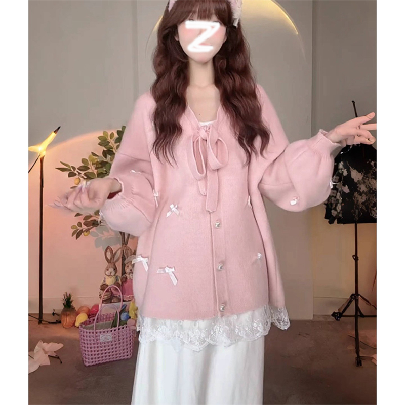 大码韩系慵懒风穿搭女秋冬蝴蝶结软糯毛衣搭显瘦高腰半身裙两件套