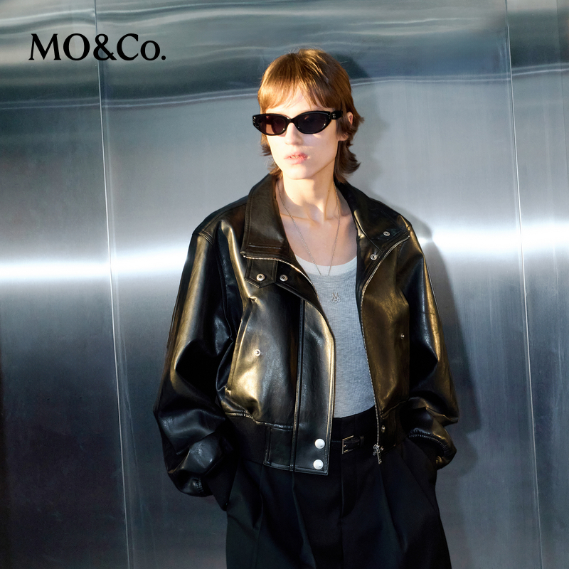 【粉丝专享】MOCO夹克2025春超纤素皮短款高领飞行外套MBE1JKTT04