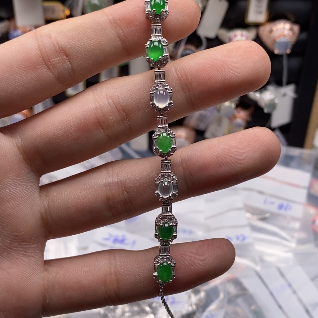 翡翠手链银S925镶嵌天然缅甸翡翠a货