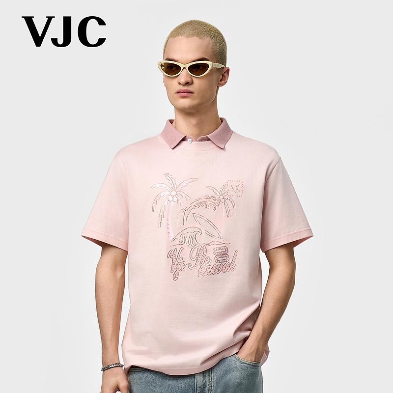 VJC/威杰思2025夏季新款男装度假风潮流烫钻短袖T恤衫B25BA1018
