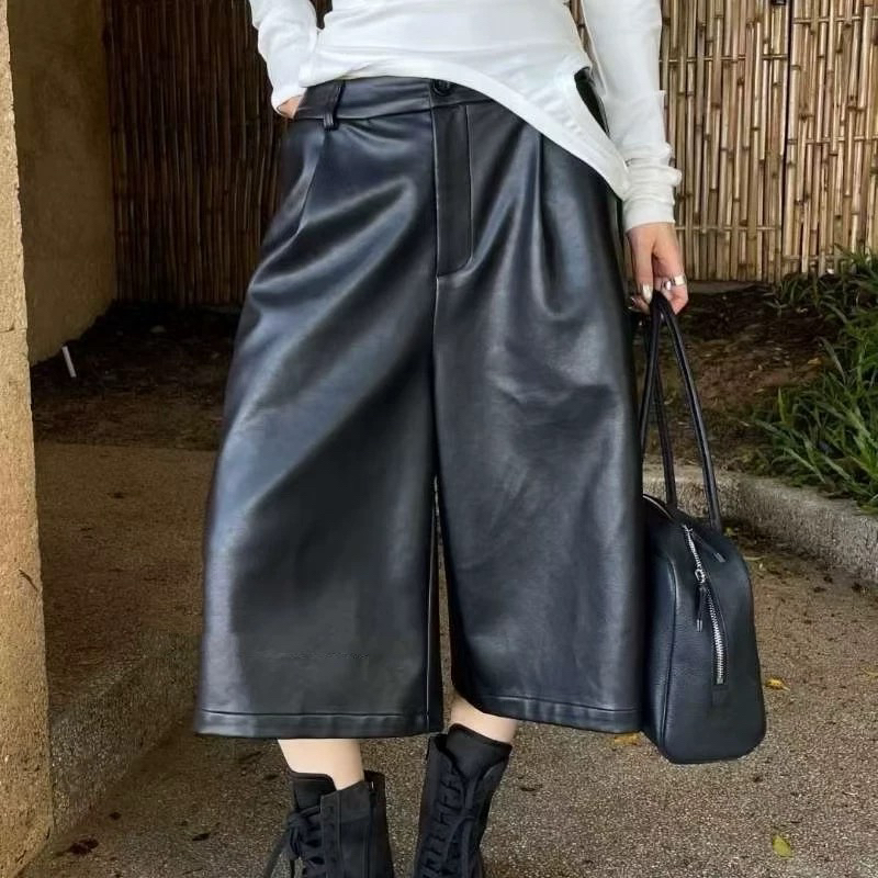 早秋新款韩版洋气街头风高腰宽松中筒PU皮裤女