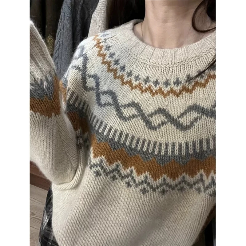 「费尔岛学院」针织衫女秋冬季圆领打底外穿上衣复古时尚上衣慵懒风