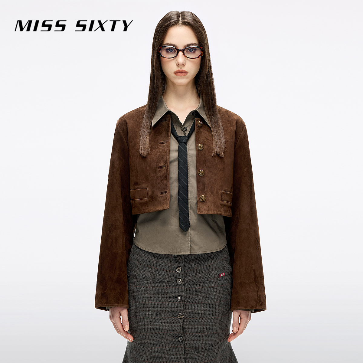 Miss Sixty2025秋季新款外套女麂皮绒感短款单排扣厚款复古美拉德