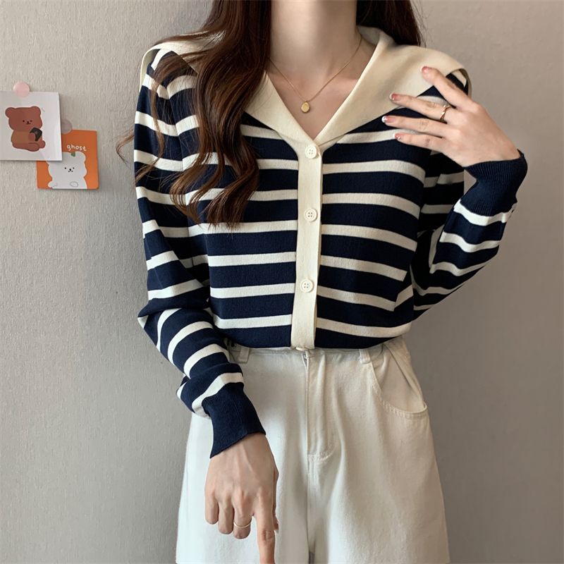352 编号   海军领条纹针织开衫女显瘦短款外套上衣