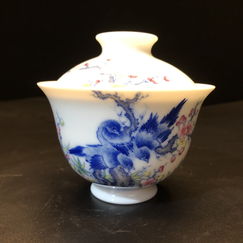 12.27a/N200700/00470//青花粉彩花鸟盖碗/口径9.2/高8.5/140cc