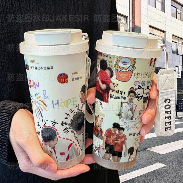 王楚钦孙颖莎莎头学习保温杯不锈钢学生吸管双饮大容量咖啡水杯