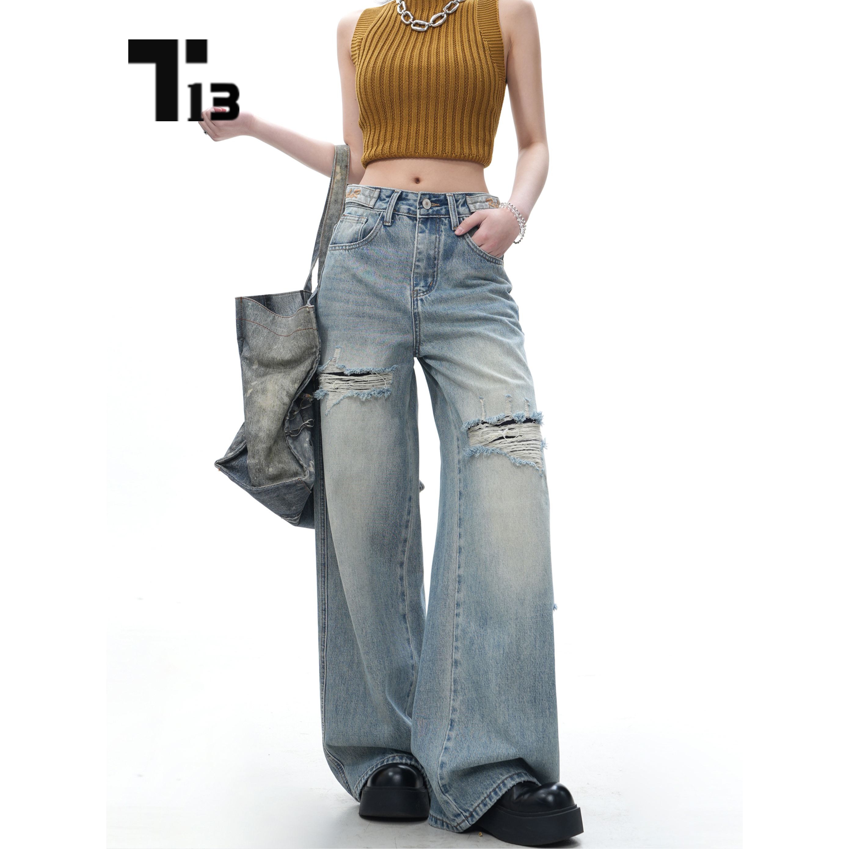 T13妮妮调节腰头【Z77295】春季新款宽松中高腰设计感显瘦牛仔裤