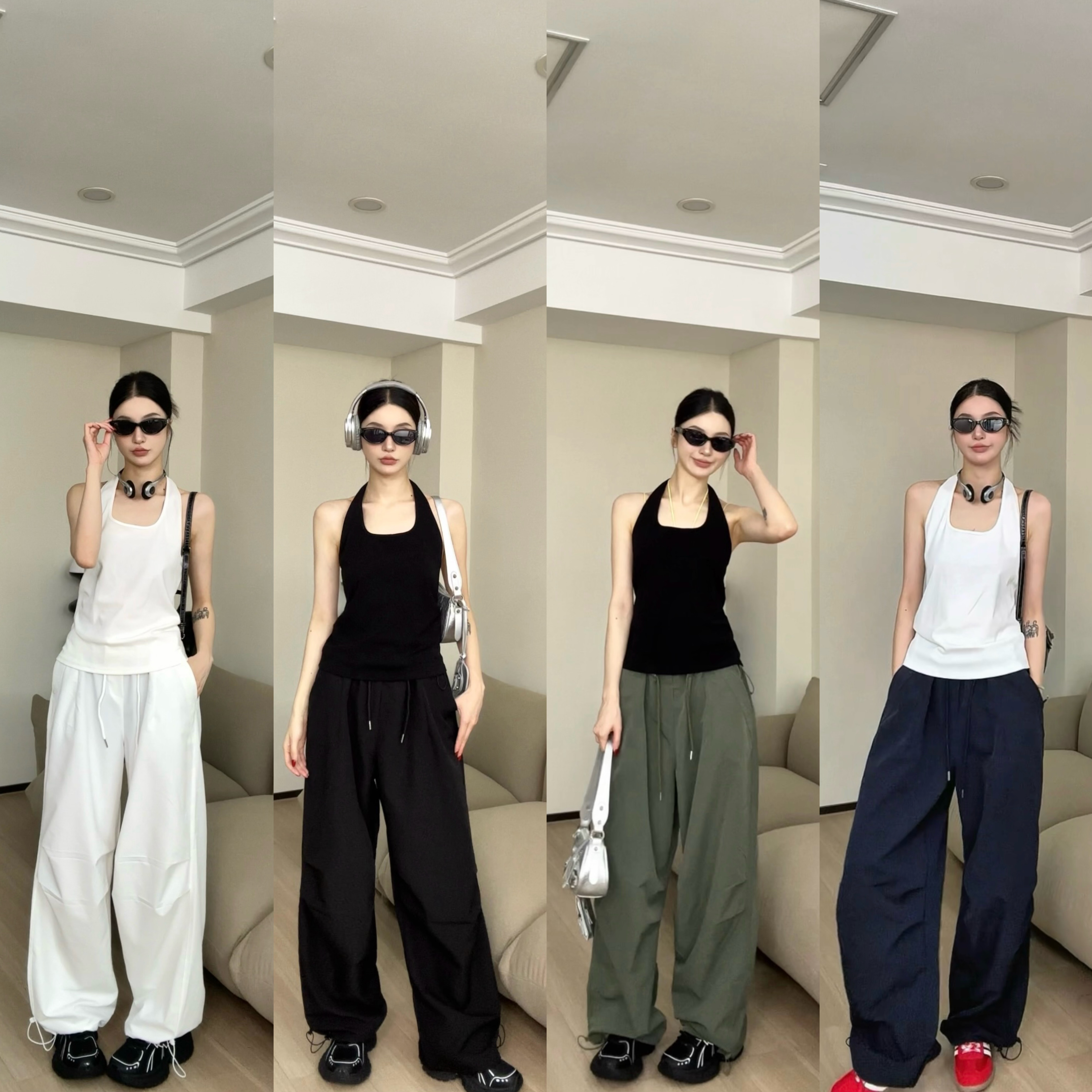裤子女款爆款2025新款甜酷炸街抽绳工装裤夏季松紧腰宽松阔腿长裤