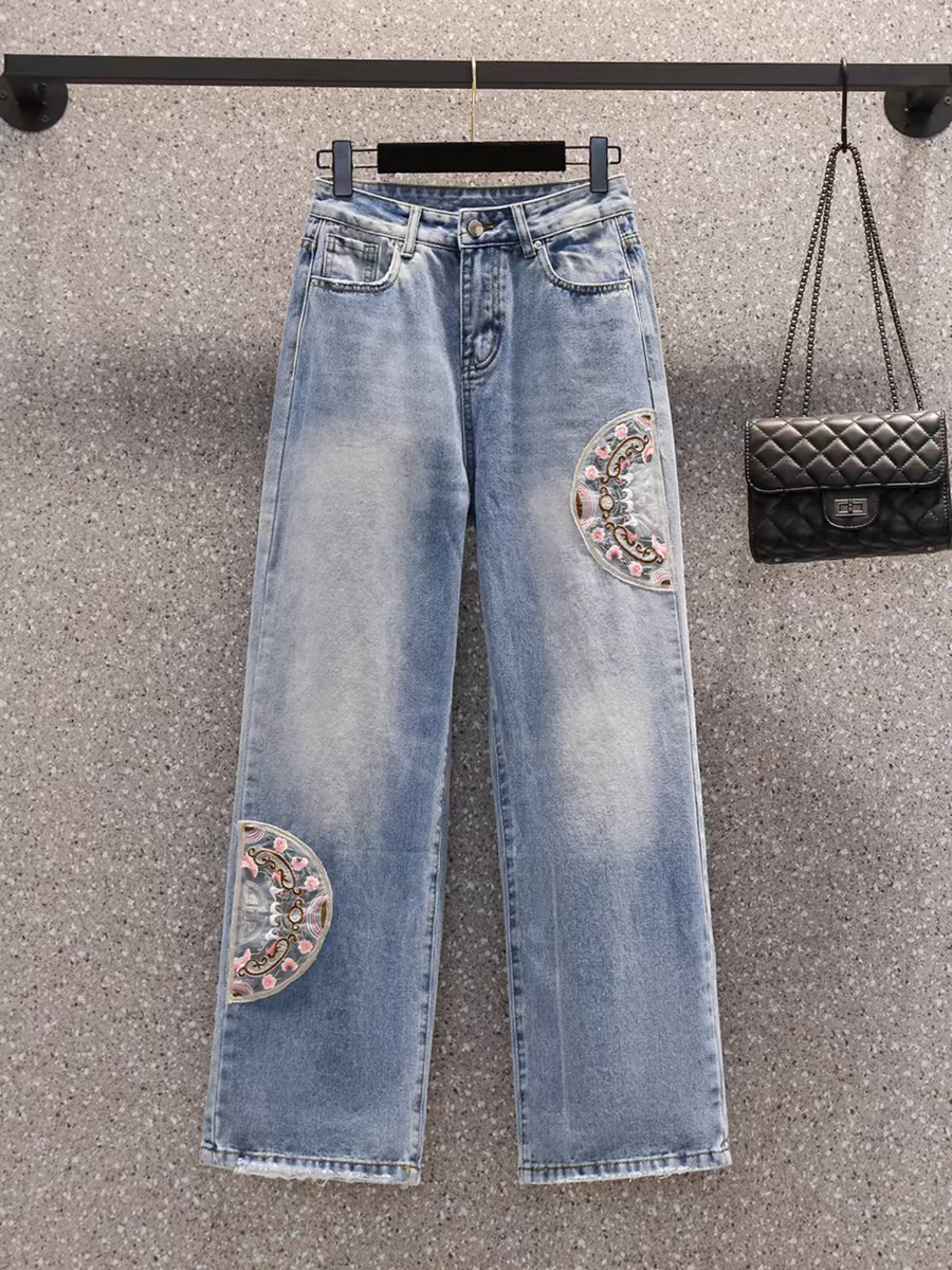 新中式刺绣牛仔阔腿裤女高腰显瘦直筒长裤夏季潮流