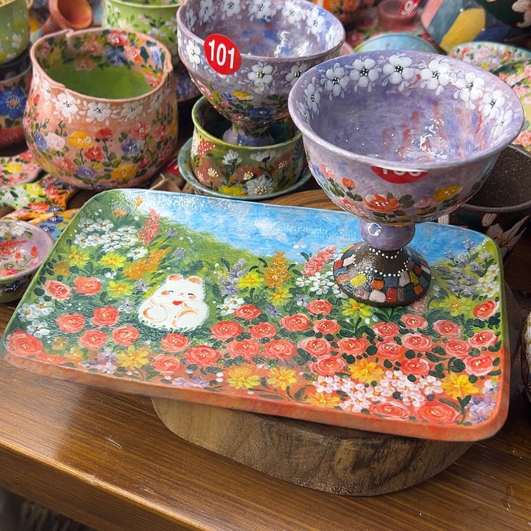 宁***慧泥塑紫砂手绘杯子、壶承