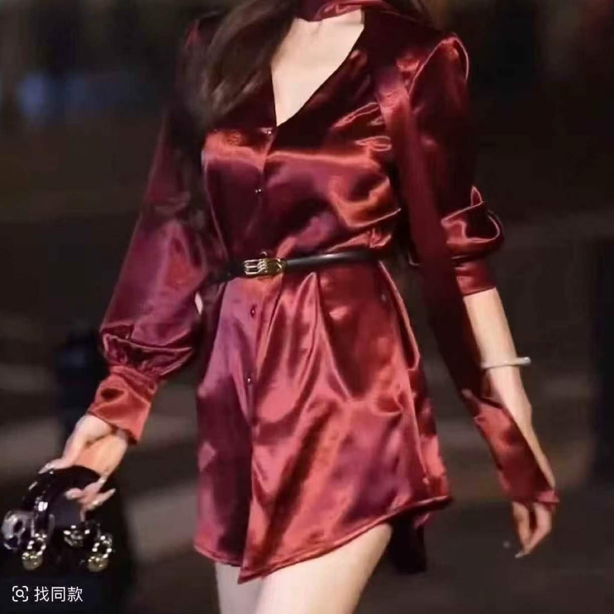 鑫丽铭h113酒红色飘带衬衫裙带腰带