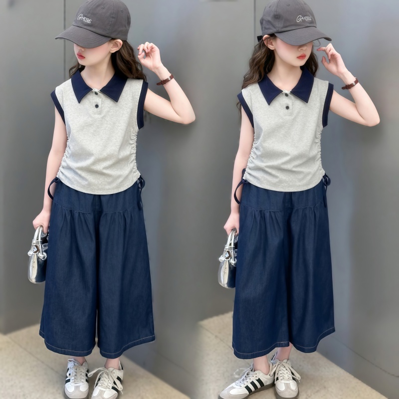 女童夏装套装2025新款儿童洋气薄款无袖Polo短袖夏季阔腿裤两件套