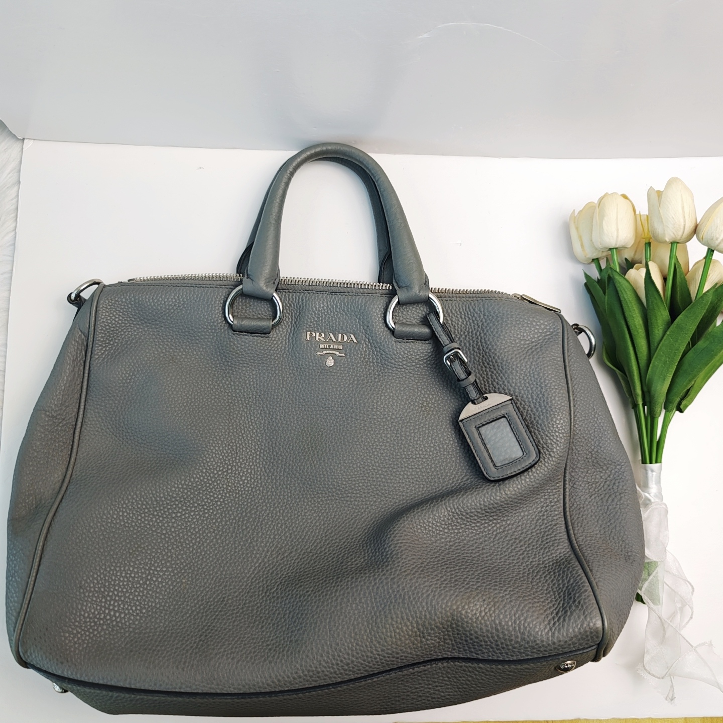 95新 Prada/普拉达 大象灰托特单肩包