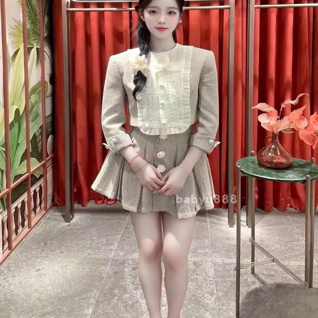 no退no换YOYOUNA设计感灰白拼接高级感小香风短外套伞裙套装83号