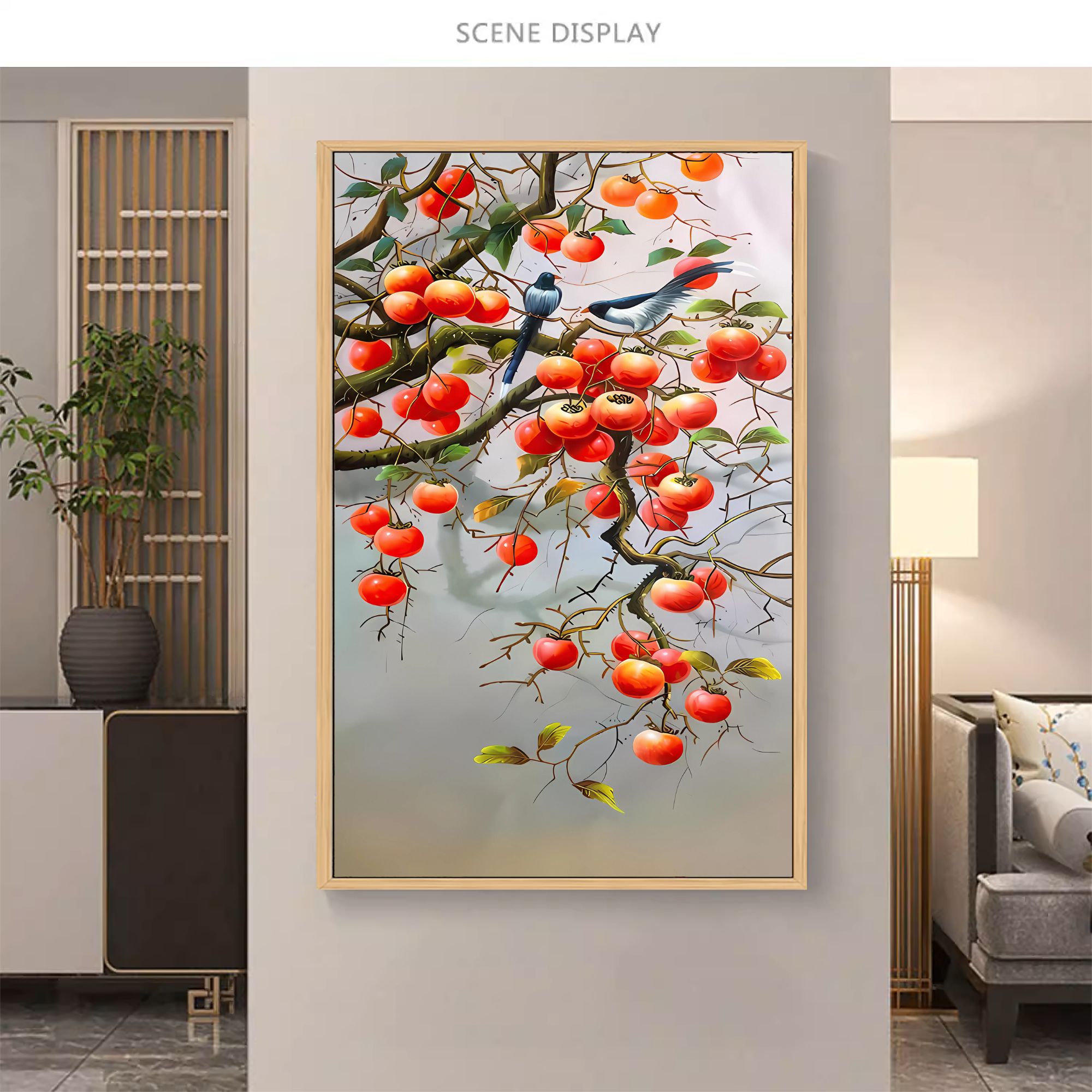 喜鹊柿子事事如意客厅装饰挂画入户正对门中式古典玄关走廊壁画