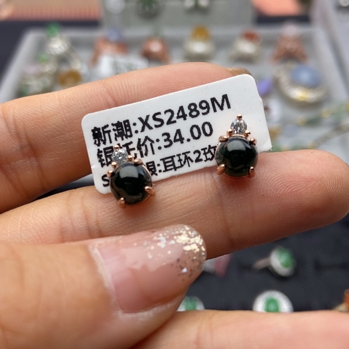 翡翠耳饰银S925镶嵌耳钉