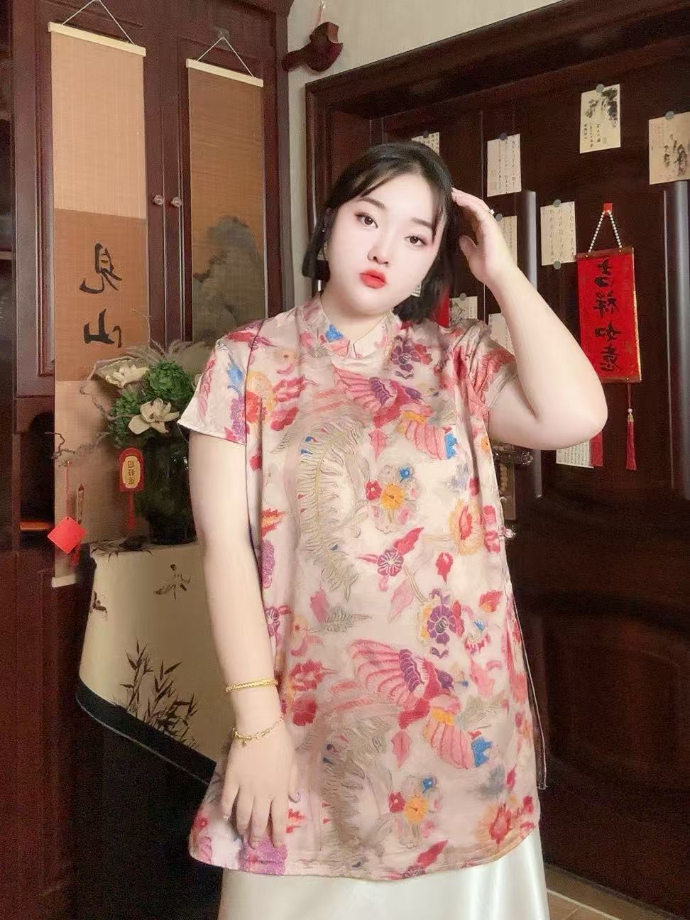 格格大码8173新中式立领无袖女夏季国风盘扣砍袖上衣高级感