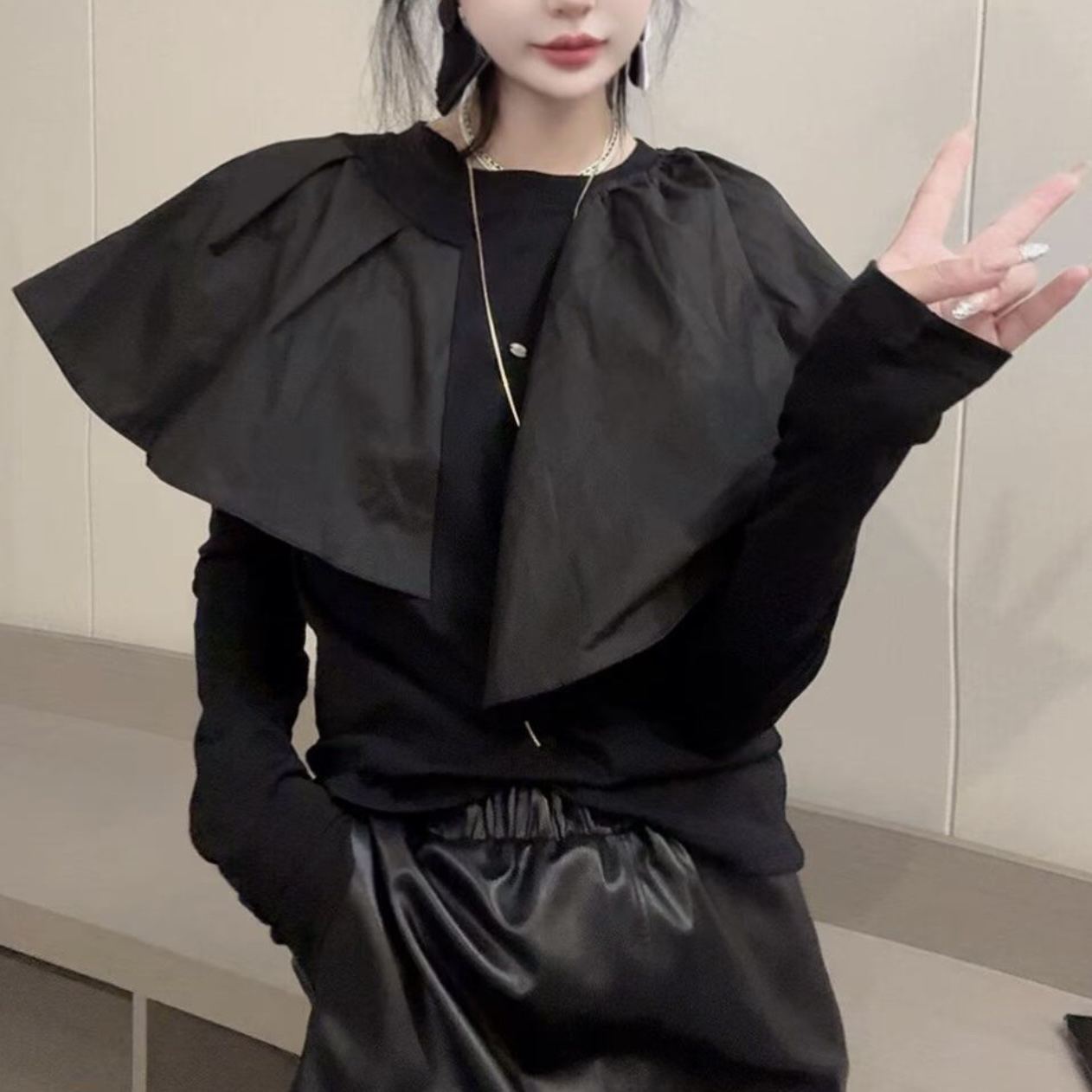 欧货2025秋季新款韩版拼接荷叶领长袖t恤女时尚洋气百搭显瘦上衣