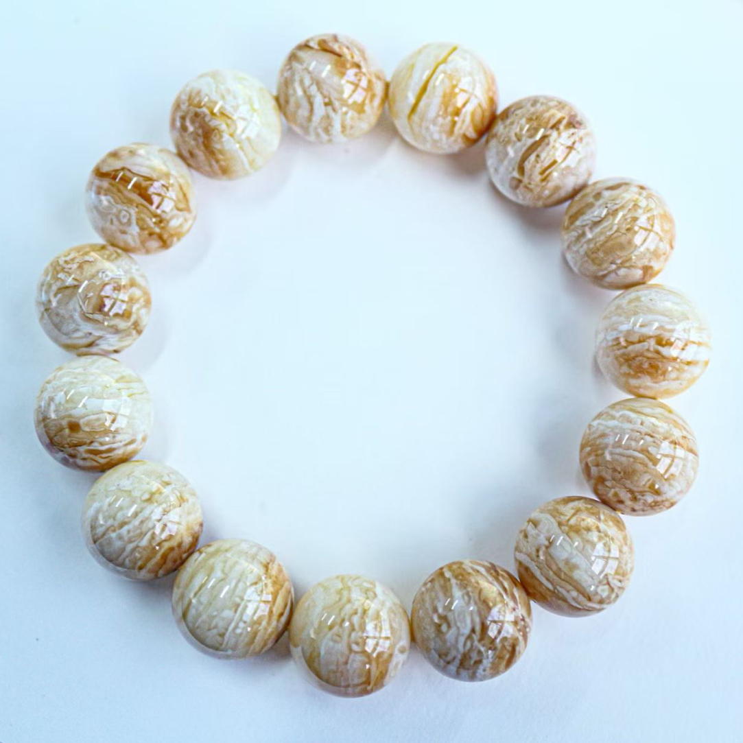 同料14.5mm俄料瓷白花蜡虎皮纹 沁色圆珠手串，颗颗虎皮24.4g