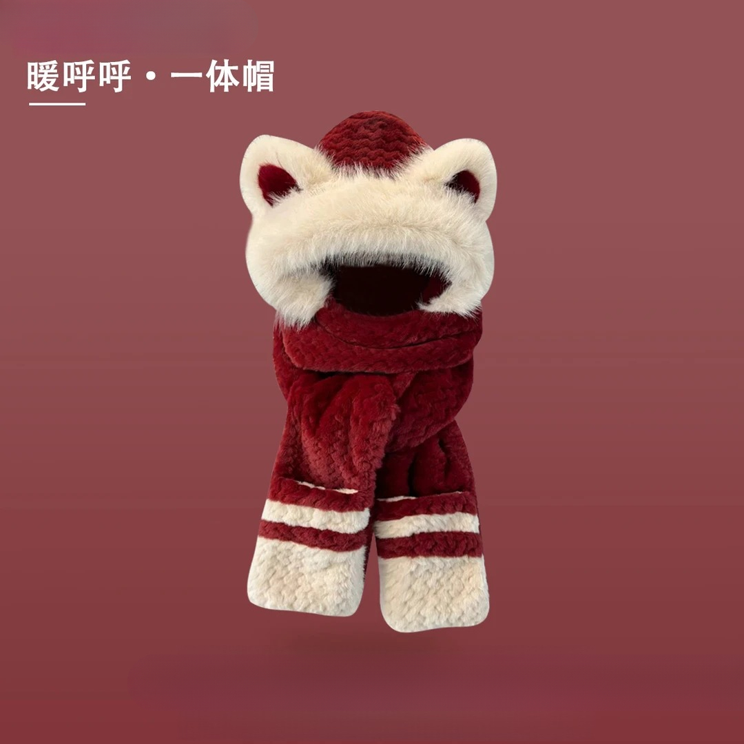 可爱小熊耳朵帽子围巾手套一体防寒女秋冬加厚毛绒护耳骑车帽KZ⑩