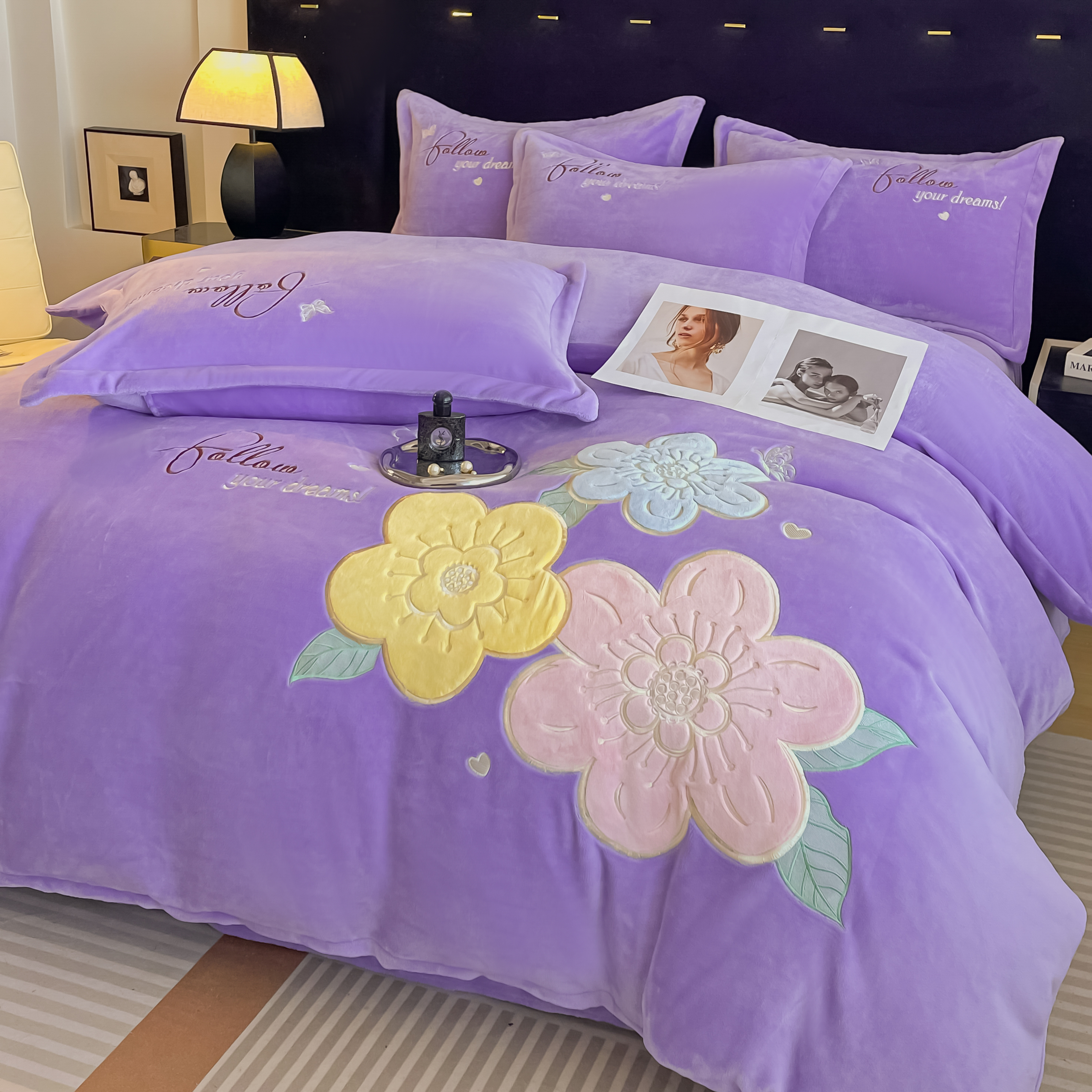 新品立体刺绣贴布绣花全消光加厚牛奶绒四件套双面绒被套冬季保暖