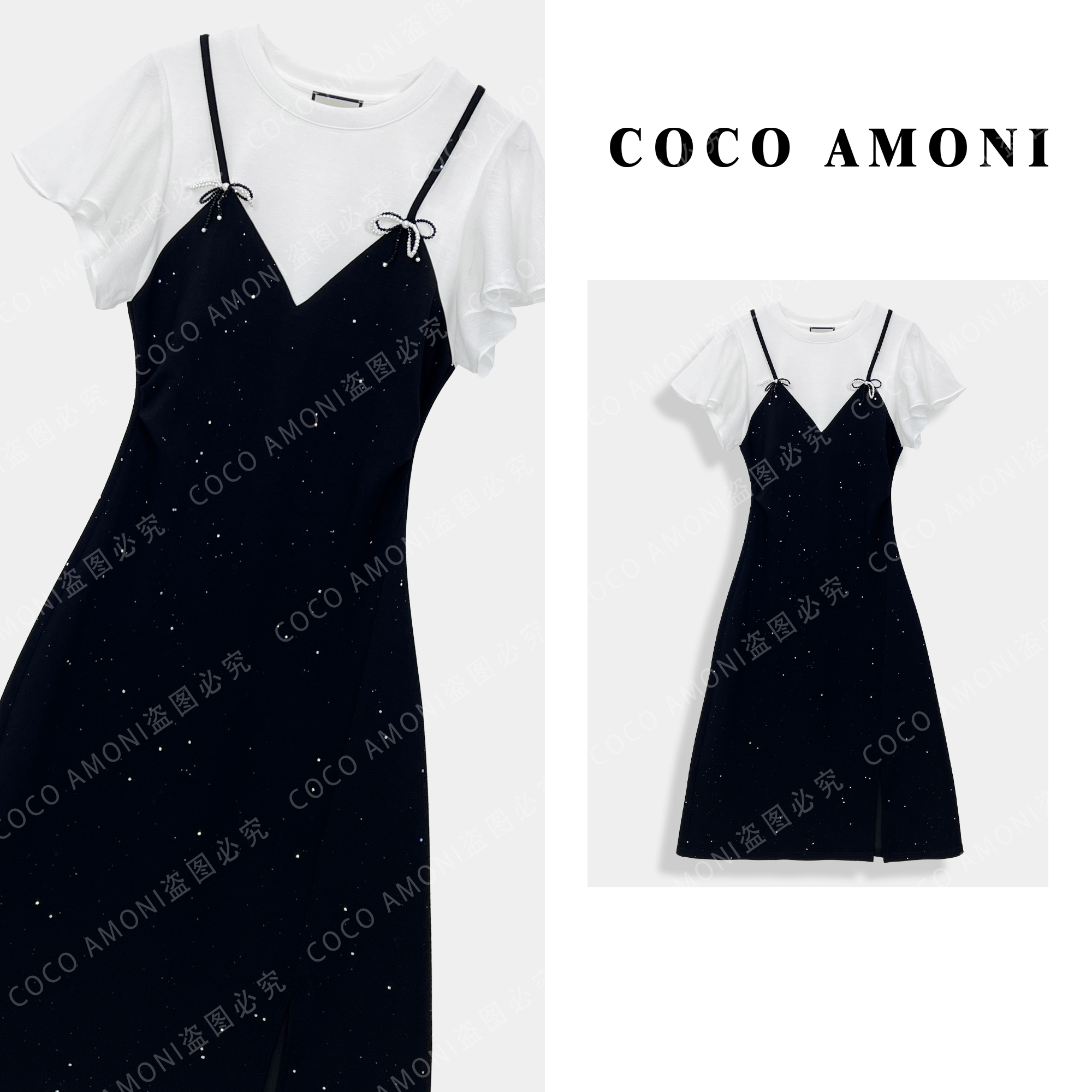 高级设计师新款夏日女装拼接重工亮钻假两件显瘦气质连衣裙AC633