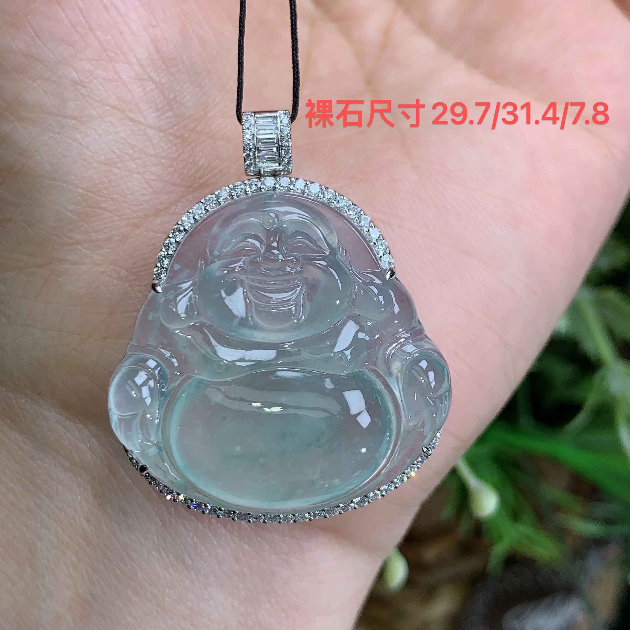 缅甸天然翡翠A货18k高冰起光雪花棉佛公吊坠爱尺寸38.9/31.5/10.7