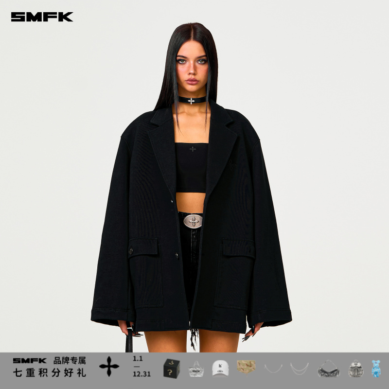 SMFK设计师古典运动西装 CC011B 女士黑色简约时尚宽松廓形外套