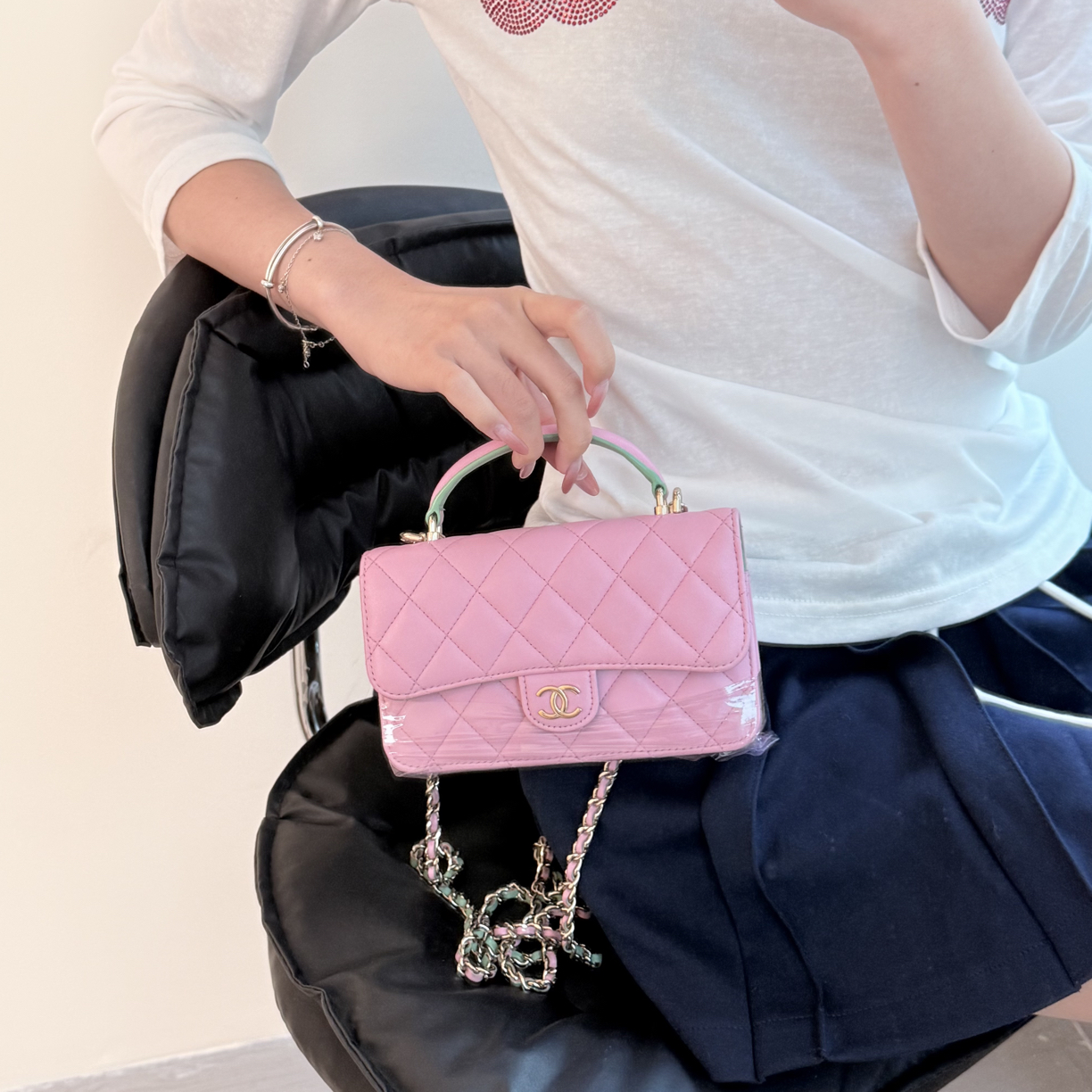 95新 Chanel/香奈儿 chanel粉绿拼色miniwoc手提斜挎包
