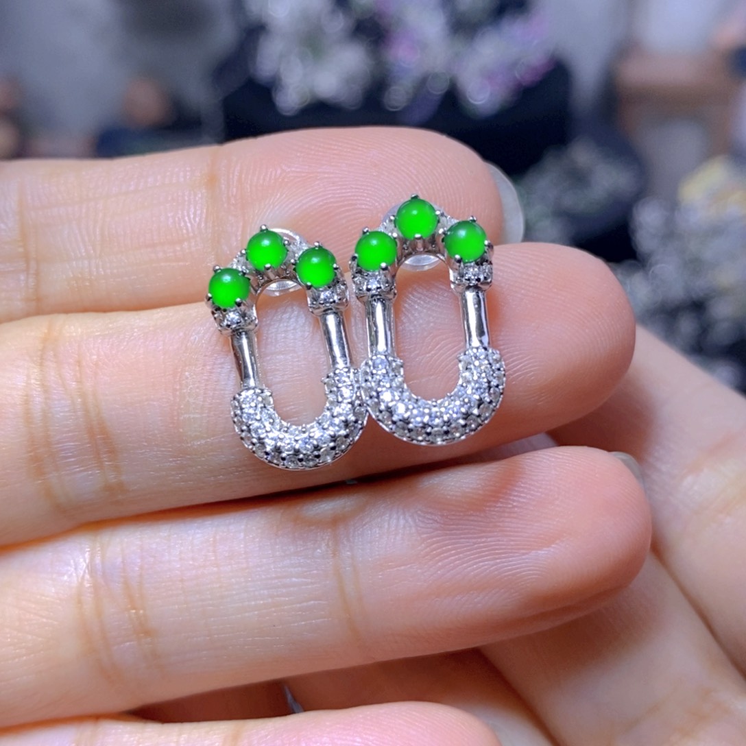 翡翠银S925镶嵌耳饰天然翡翠