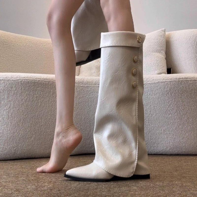 软皮版~小香风尖头坡跟长筒靴女靴2025复古不过膝高筒裤管骑士靴