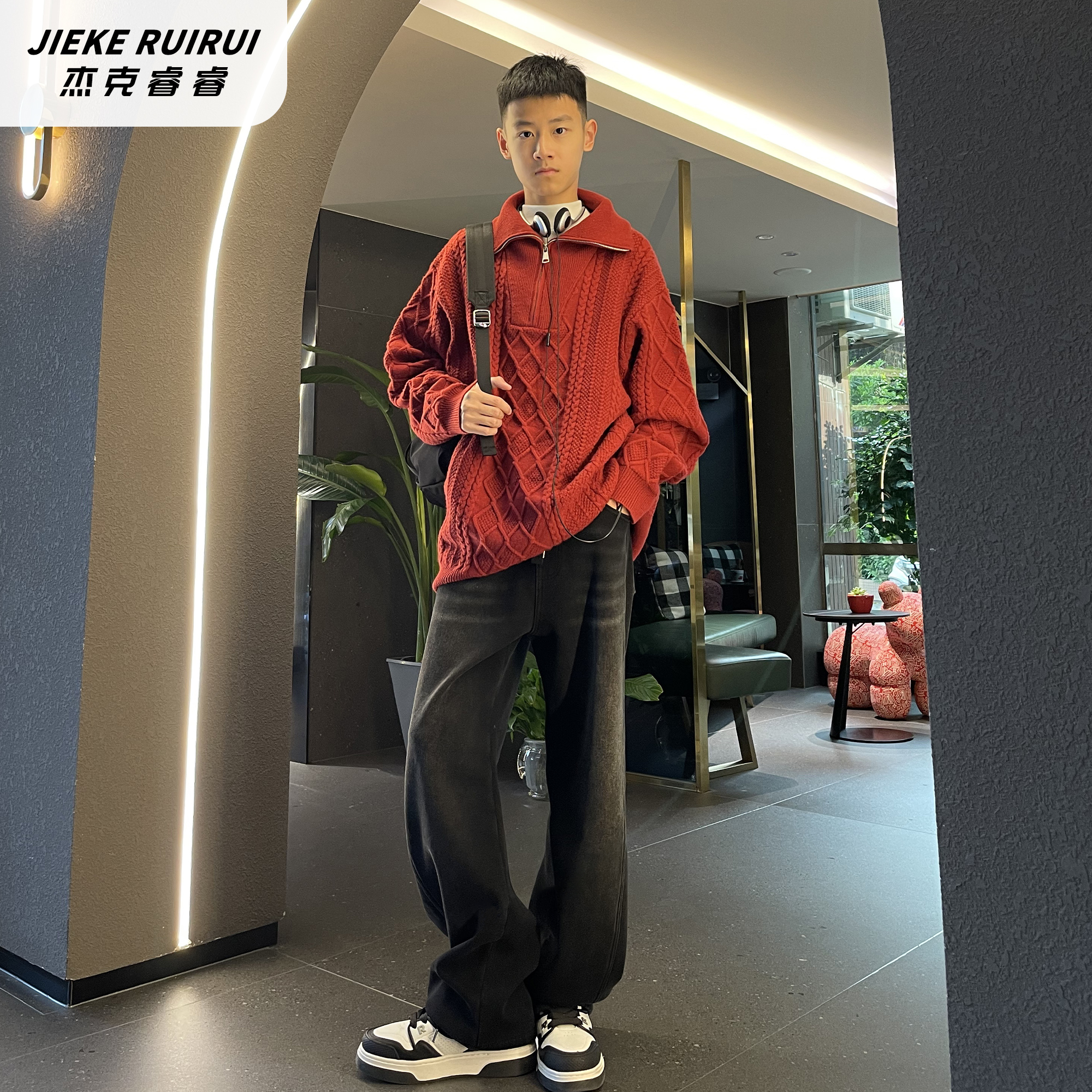 3799【睿】时髦翻领拉链毛衣大童休闲复古麻花宽松保暖衫杰克睿睿