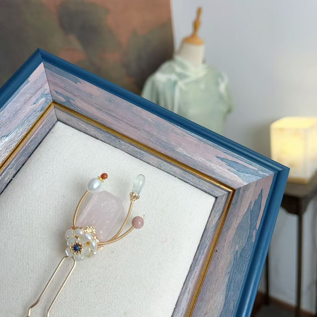 原创风晚林古风蝶贝粉色玫瑰花牌掩鬓短钗发钗