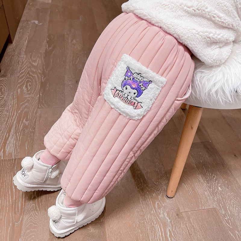 冬季新款女童库洛米加绒加厚棉裤卡通印花束脚
