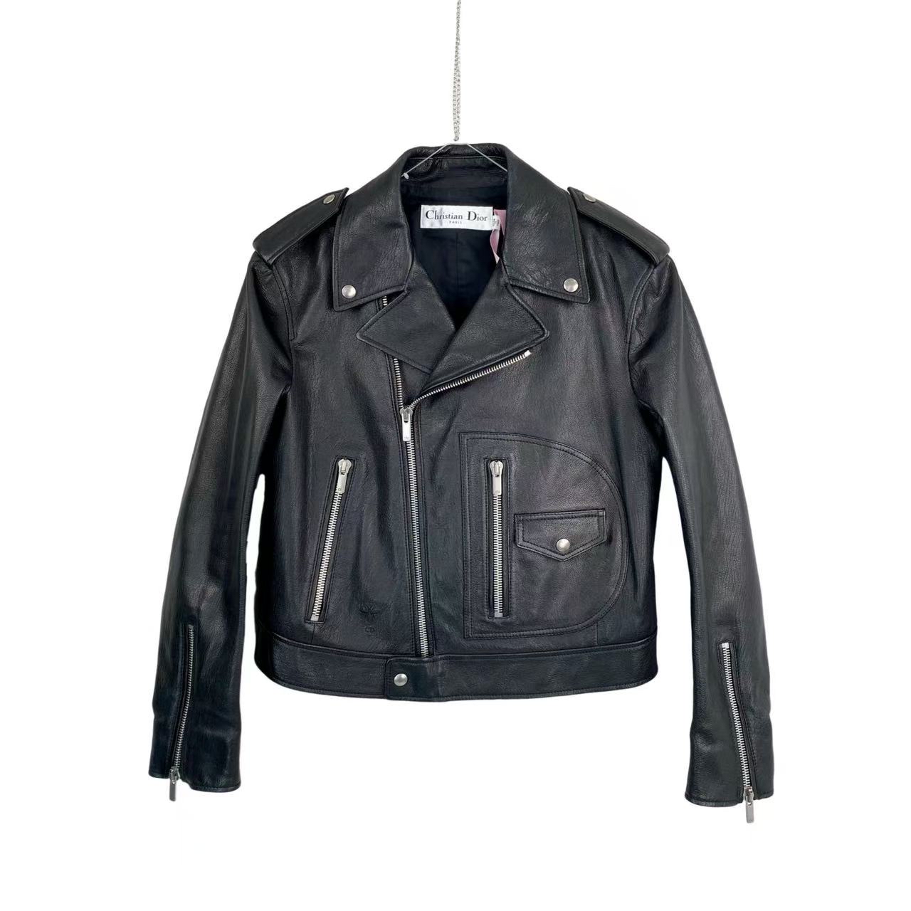 95新 DIOR/迪奥  bb1916 羊皮革 黑色背后logo印花拉链皮衣 38码